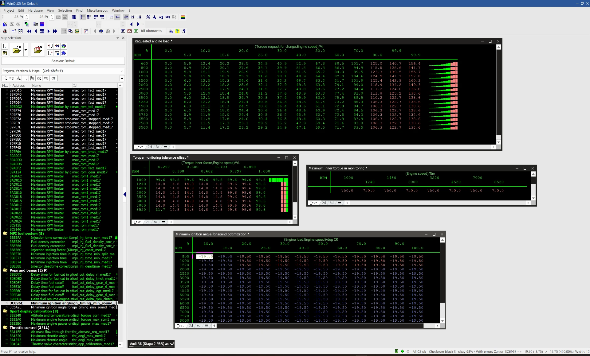 WinOLS ECU tuning software showing requested engine load, torque monitoring and ignition timing tables