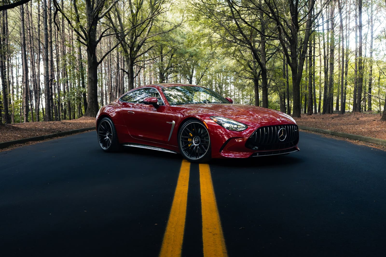 Red Mercedes-AMG GT 55 coupe on a road through the woods