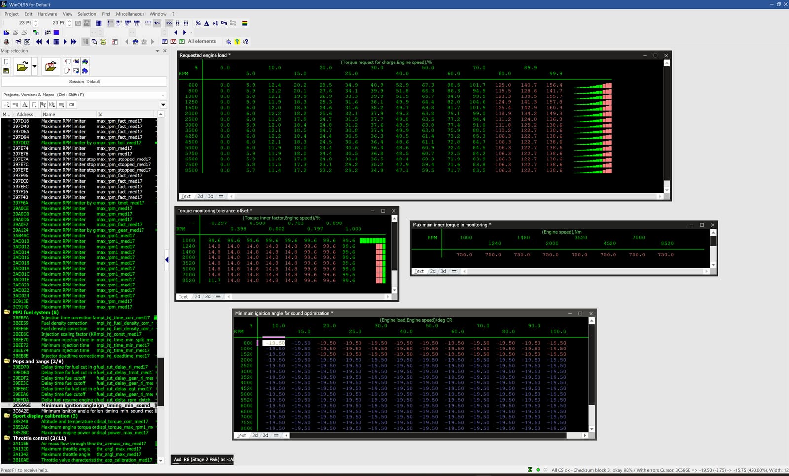 WinOLS ECU tuning software showing requested engine load, torque monitoring and ignition timing tables